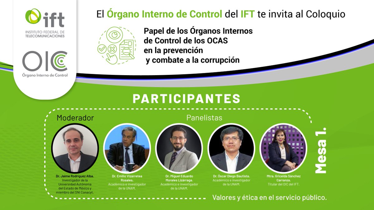 IFT_MX's tweet photo. Este 29 de marzo, únete al Coloquio que organiza el #OIC del @IFT_MX  “Papel de los Órganos Internos de Control de los #OCAS en la prevención  y combate a la corrupción”.
Podrás seguir la transmisión en https://t.co/TUAiCxbhQh.
Registro: https://t.co/ubbal9gjKp
👇👇 https://t.co/lBMHbi5BMo