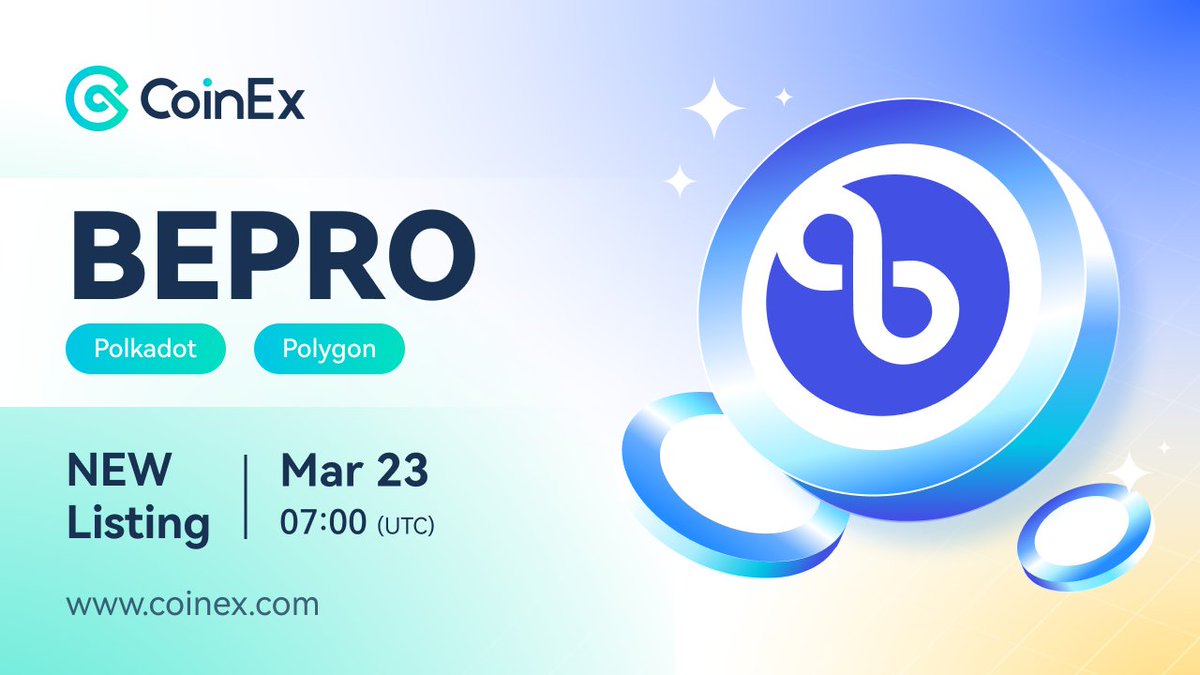 coinexcom's tweet photo. ๐ New Listing
CoinEx Lists $BEPRO
@bepronet Network is a bounty network created to manage decentralized development.
โ
Trading Pair: BEPRO/USDT
โ
Deposit & Withdrawal: 7AM UTC 23rd Mar
โ
Trading: 10AM UTC 23rd Mar
Learn more ๐ https://t.co/nVTOqWbYAA
#CoinEx #TokenList https://t.co/km8o9vo1Wm