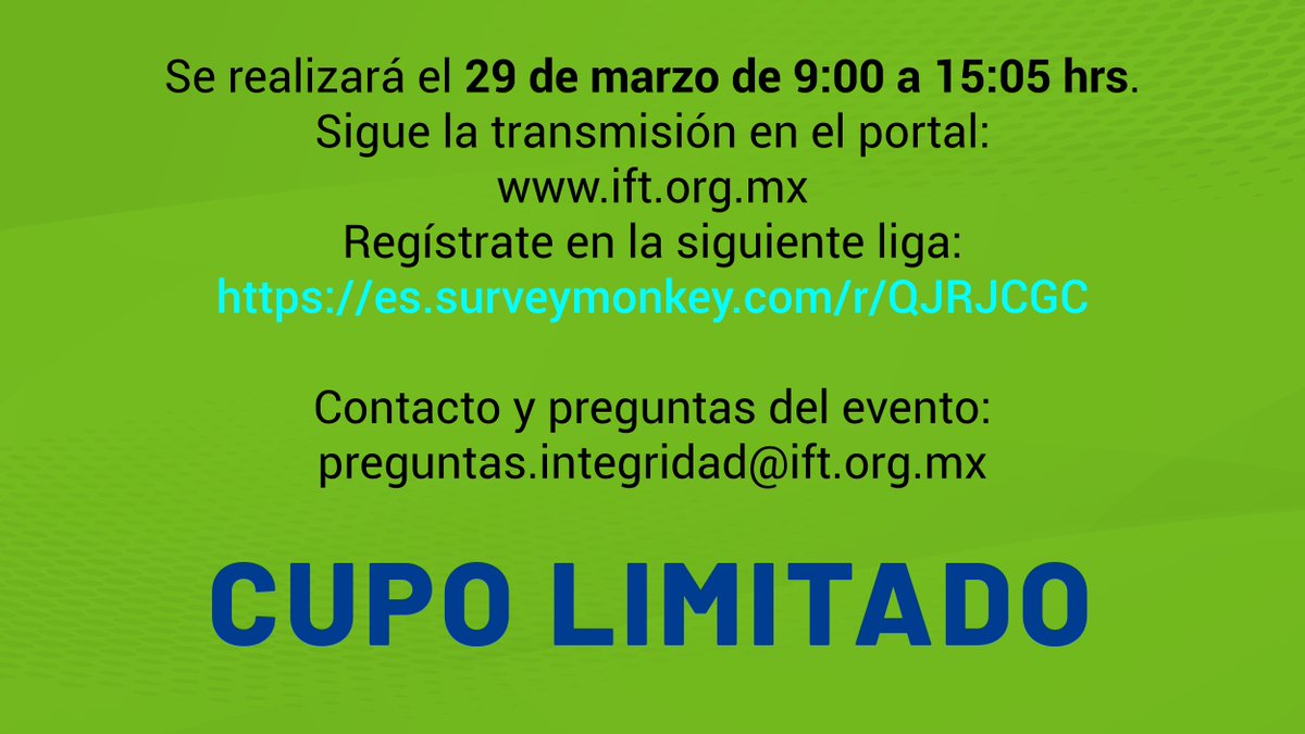 IFT_MX's tweet photo. Este 29 de marzo, únete al Coloquio que organiza el #OIC del @IFT_MX  “Papel de los Órganos Internos de Control de los #OCAS en la prevención  y combate a la corrupción”.
Podrás seguir la transmisión en https://t.co/TUAiCxbhQh.
Registro: https://t.co/ubbal9gjKp
👇👇 https://t.co/lBMHbi5BMo