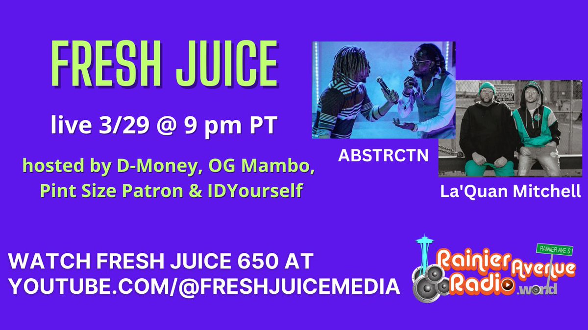 2 unique alternative duos on the 29th with our good friends <a href="/_abstrctn_/">ABSTRCTN</a> (DVRAJ &amp; <a href="/OniChaotic/">JAMESON</a>) hanging out again &amp; new duo <a href="/LaQuanMitchell_/">La'Quan Mitchell</a> (<a href="/DjPasquan/">djpasquan</a> &amp; <a href="/biglank360/">Lank</a>) joining us from Lacey!

Hit the link in bio to watch live!

#ABSTRCTN #LaQuanMitchell #FreshJuice