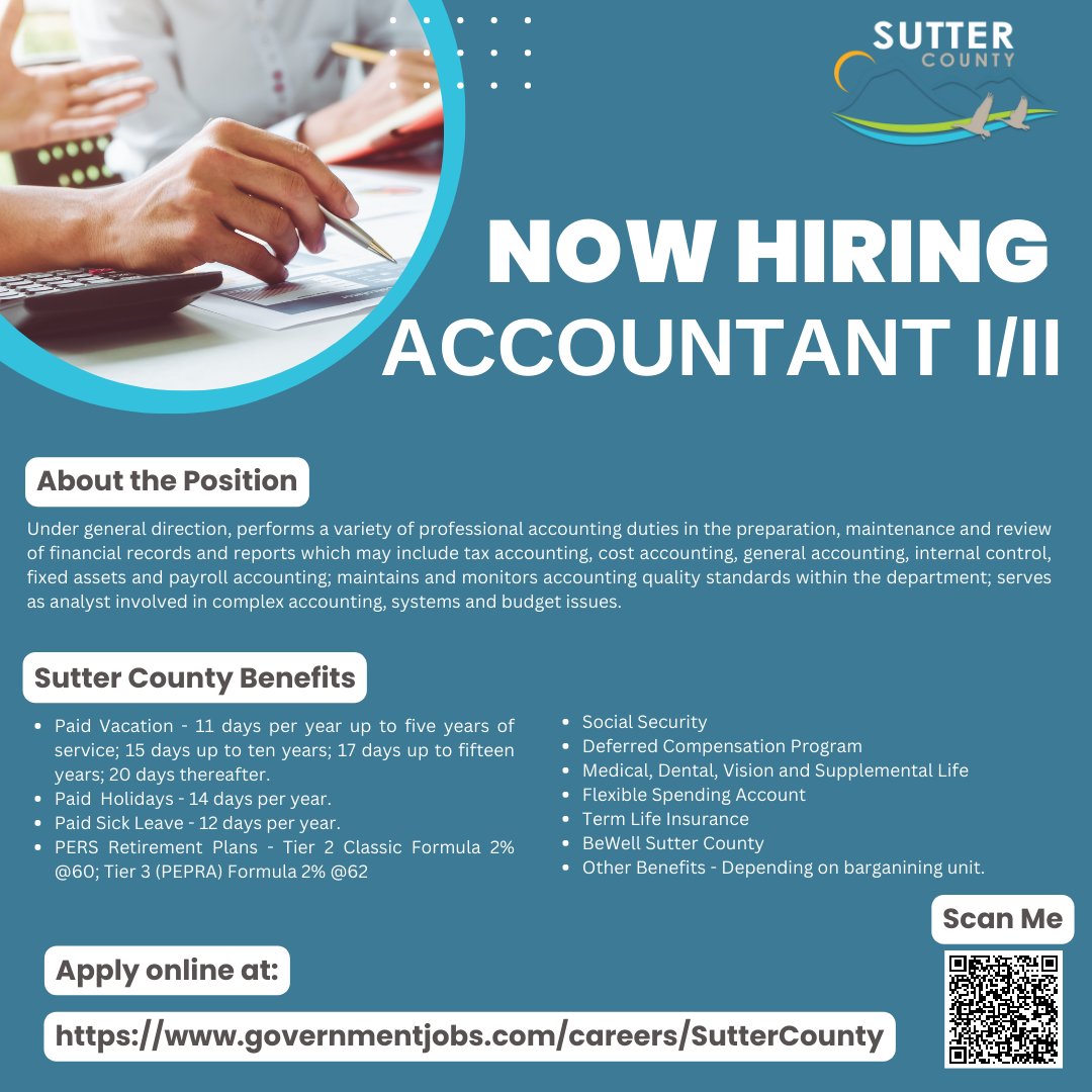 Now Hiring! Sutter County is hiring an Accountant. Join our team today!

Apply at: governmentjobs.com/careers/Sutter…

#suttercounty #suttercountyhr #accountant #accountantopportunity #accountantopportunities #suttercountyjobs #suttercountyjob #nowhiring #careeropportunity