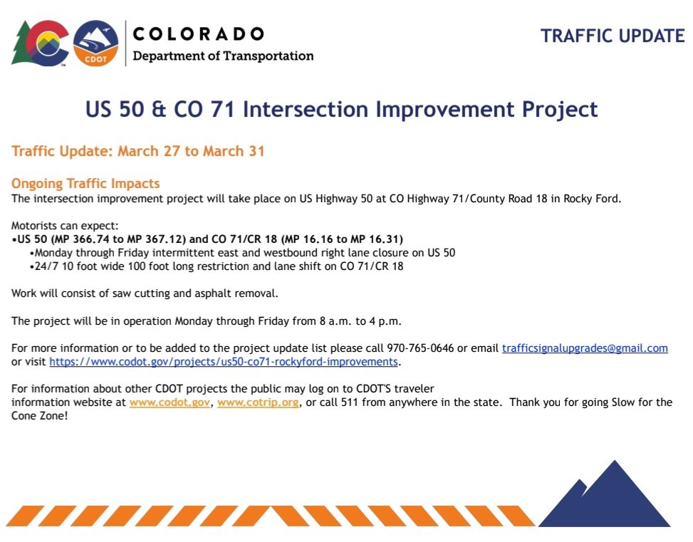 SecoOrg's tweet photo. US 50 &amp; CO 71 Intersection Improvement Project Traffic Update: March 27 to March 31, 2023
https://t.co/Rj8oPrgK41

#seconews https://t.co/9XV9ssrw27