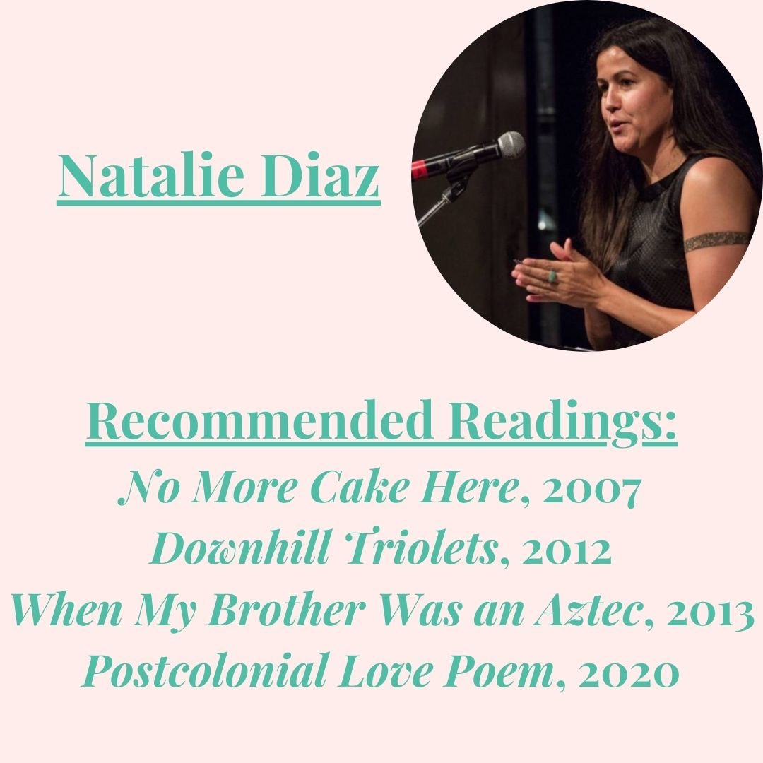 PittLitProgram's tweet image. This week’s Woman’s History Month post is for Natalie Diaz! Diaz is a Pulitzer Prize-winning Mojave-American poet, whose works “portray the experiences rooted in Native American life with personal and mystic power.” She won the Pulitzer Prize for her 2020 poem anthology!