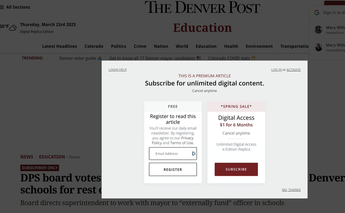 mary_willson's tweet photo. I'm a middle school teacher in Denver, where there was a shooting yesterday. I got an alert about the school board voting to add officers back in schools in our district. It is paywalled. Breaking news, about SCHOOL SAFETY. This should not be "premium." I am furious. @denverpost https://t.co/vh1i40zio7