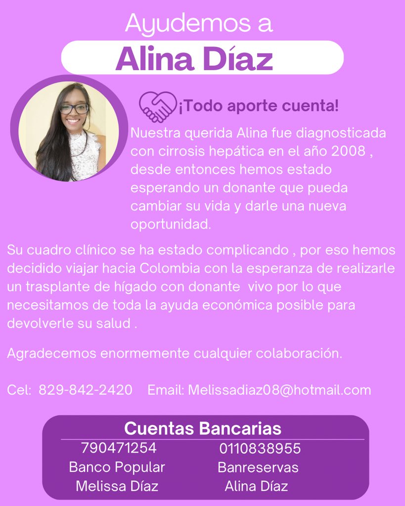 melish08's tweet photo. Saludos, Raquel.
Mi nombre es Melissa Diaz. Le solicito ayuda para un trasplante de hígado con donante vivo en Colombia para mi hermana Alina de la cual seré su donante. gracias de antemano @raquelarbaje https://t.co/fDjC4e2a7d