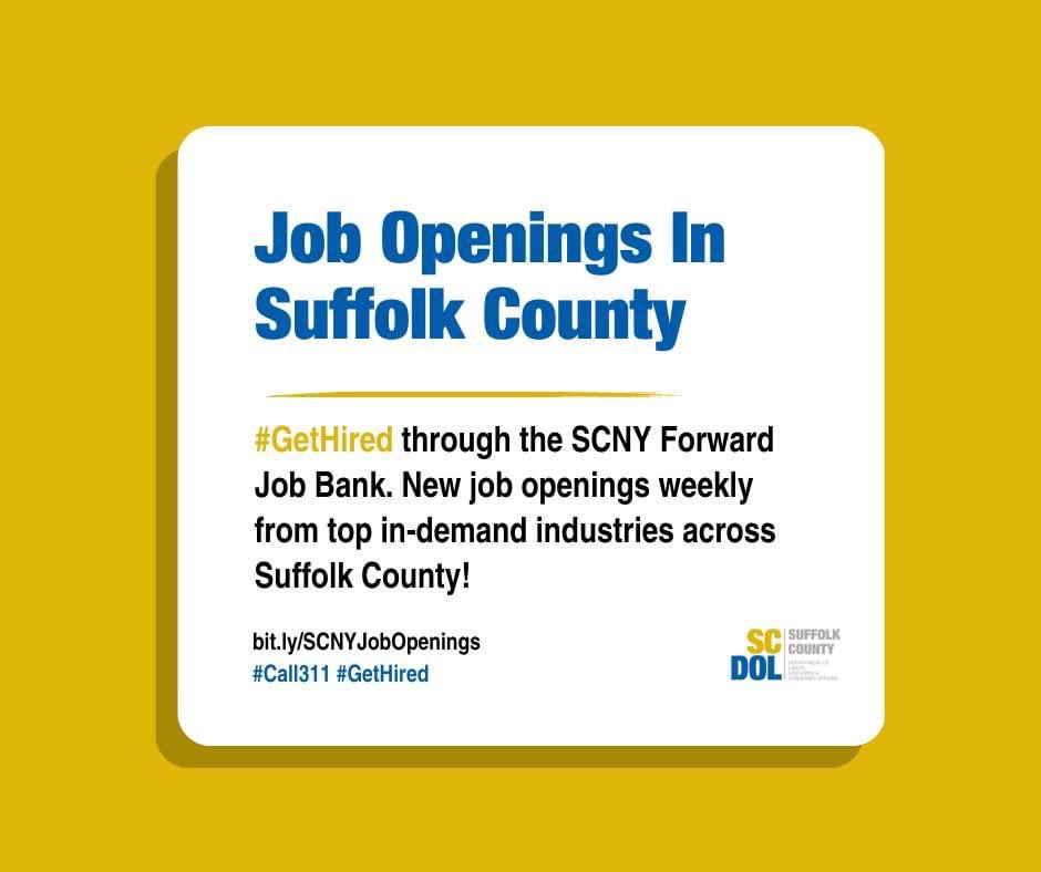 SuffolkLabor's tweet photo. Looking for a Career in Suffolk County? 🔎
Check out SCNY Forward's Job Bank for new positions uploaded weekly from top in-demand industries across Suffolk County.
Visit https://t.co/CYMfEKewBo and #GetHired today!
#SucceedInSuffolk #SCDOLLCA #SCNY #LongIslandNY #SuffolkCounty https://t.co/kHhVN2B7F9