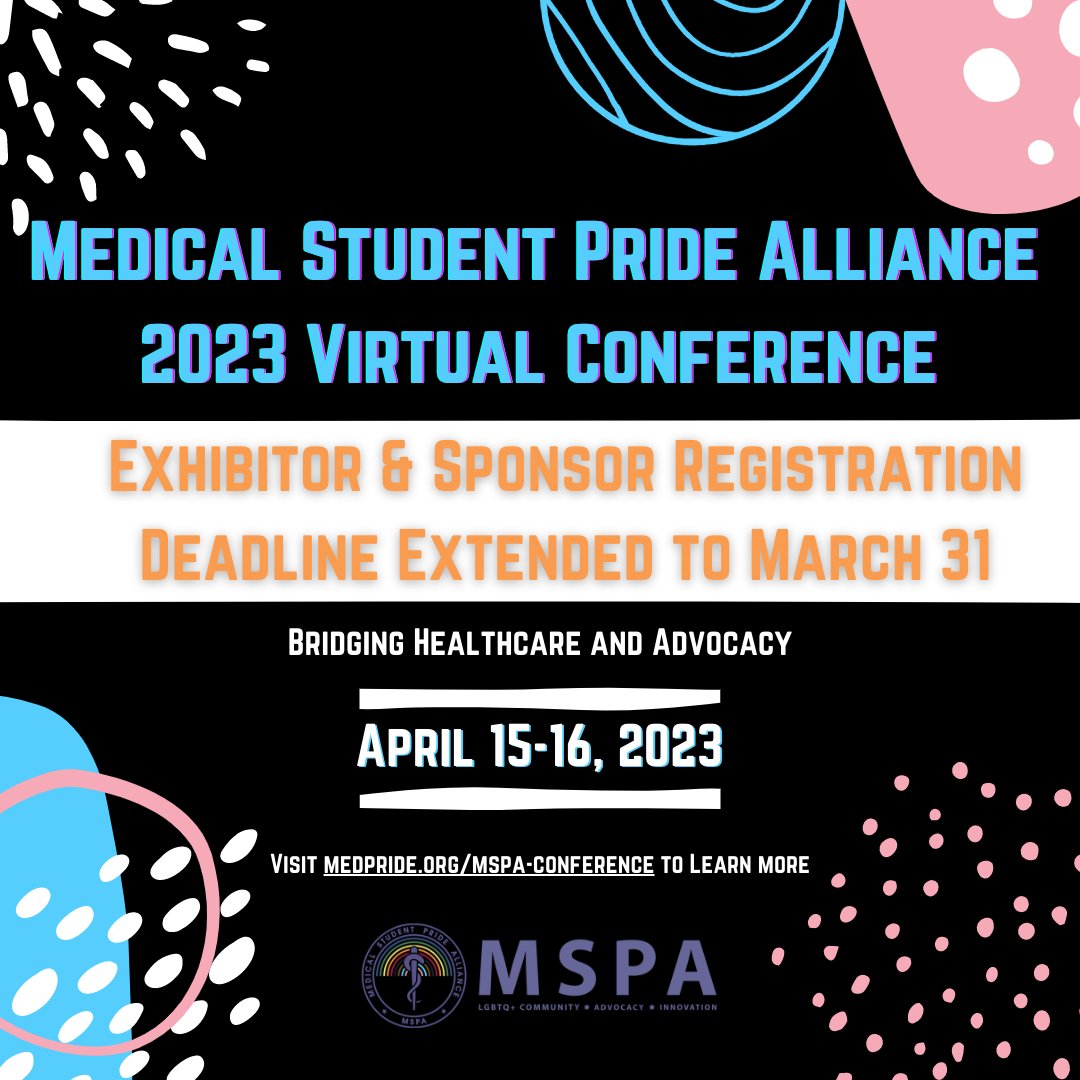 Update! You have more time to support LGBTQ+ medical students!
accelevents.com/e/mspa2023

We're extending the Exhibitor and Sponsor window through the end of next week! Please share with organizations you think might want to get involved!
#MSPA2023 #BeTheBridge #WhatsYourBridge 🏳️‍⚧️