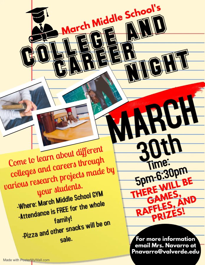 You won’t want to miss our annual College and Career Night!! Join us one week from today for a night of fun, games, food, prizes, and awesome projects. We can’t wait! #FutureReady #CollegeBound <a href="/MarchMavericks/">March Mavericks</a> <a href="/Mr_Gogos_/">Anthony Gogos</a>