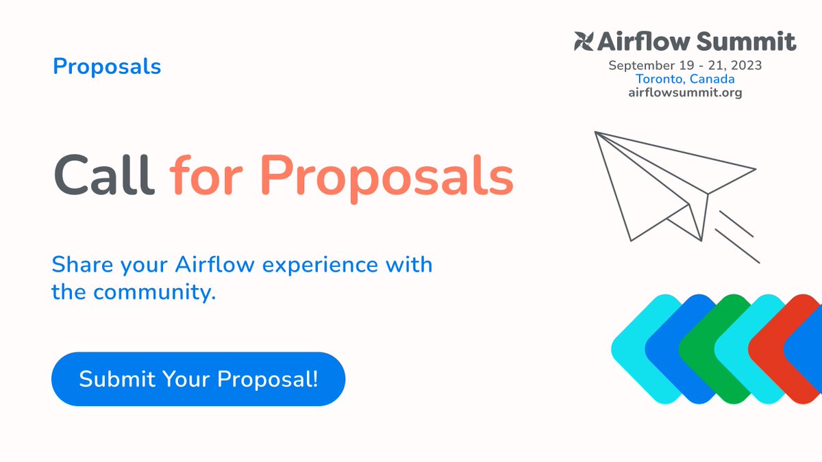 Reminder, CFP is open for Airflow Summit; we are looking for speakers! 

Share your experience @ the #AirflowSummit2023 in Toronto, Canada this year!

Submit your session here :point_down:
bit.ly/3y22fJM

#Airflow #ApacheAirflow