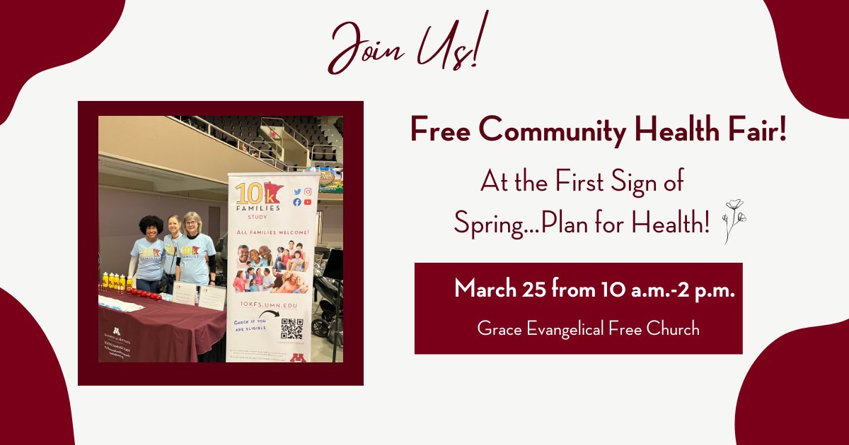 TenKfs's tweet image. Join us for a FREE community health fair! Free COVID-19 vaccinations, refreshments, door prizes, &amp;amp; more! 
This Saturday, March 25th, 2023, 10 a.m. - 2 p.m. at Grace Evangelical Free Church.

#MN | #Minnesota | #MinnesotaResearch | #MNevents | #TwinCitiesEvents