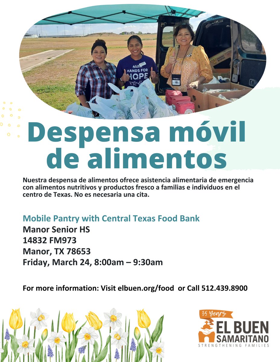 ElBuen's tweet photo. Our free mobile food pantry offers emergency food assistance with nutritious shelf-stable foods and fresh produce to families and individuals in Central Texas. No appointment is necessary.

Friday, March 24th, 8am-9:30am at Manor Senior High School (14832 FM973, Manor, TX 78653) https://t.co/BMhnIOqn7j
