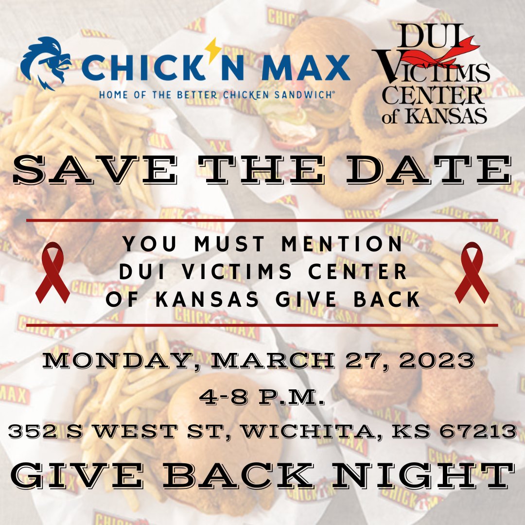 Don't forget to stop by Chick'N Max on Monday, March 27 from 4-8 p.m. and mention our agency! This is your opportunity to directly support victims of DUI crashes, while also enjoying yummy food that you didn't have to make.

#giveback #community #localnonprofit