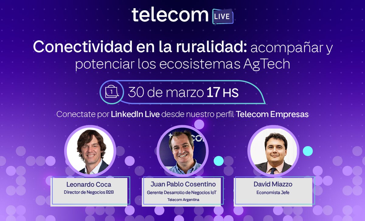 Personaltech_ar's tweet photo. ¡Este jueves llega el primer #TelecomLive del año!
Conocé más sobre la importancia de la conectividad en la ruralidad y el papel clave de la tecnología en los ecosistemas AgTech 🌾🌐
🗓️ Fecha: Jueves 30 de marzo
🕔 Hora: 17:00 hs
¡No te lo pierdas! 🔗https://t.co/5tQWNJTO7e https://t.co/84tt3wkmXr