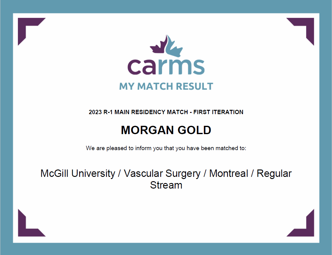 MorganSGold's tweet photo. So incredibly excited and honoured to match to @McGillVascular for my residency training in vascular surgery. Excited for this next chapter! #CaRMS2023 #CaRMSMatch #Vascularsurgery https://t.co/TNc3EXLXxP