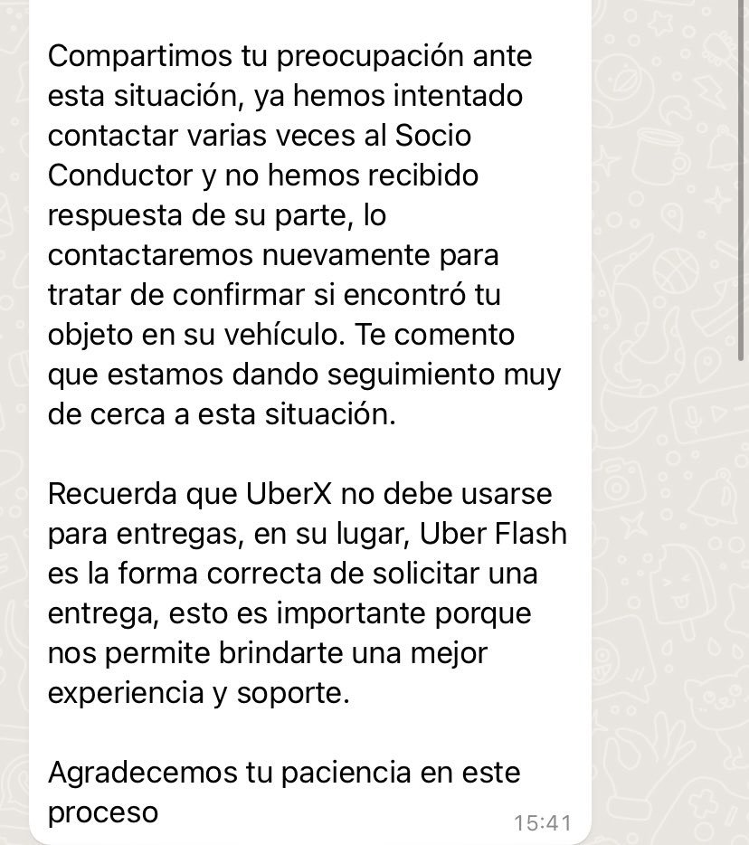 Ayer hicimos un envío x <a href="/Uber_MEX/">Uber Mexico</a> y el conductor nunca llego al destino. Han pasado 24 hrs y lo único que tenemos son las mismas preguntas de un bot que ni siquiera se entera bien de la situación y usa emojis muy poco adecuados para lo serio del asunto. Veamos qué responde x acá