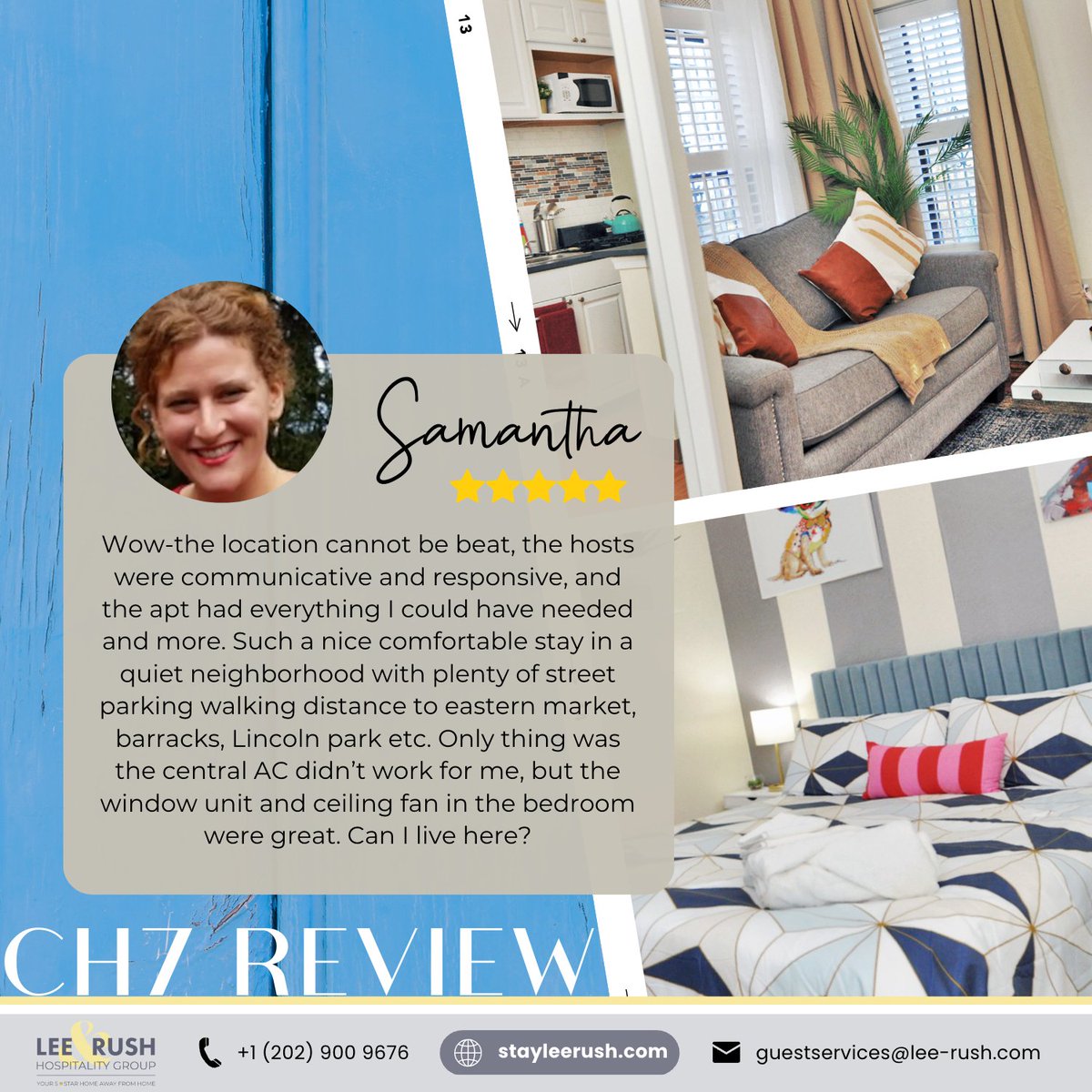 StayLeeRush's tweet photo. Our recent guest, Samantha, is relocating to DC from NYC. We’re so excited she chose to stay at one of our apartments, and so was she! Check out Samantha’s review below and if you want to get in on the excitement too, book us at https://t.co/2BQo0GJP1G. #stayleerush #Airbnb https://t.co/8VR5BLxRAX