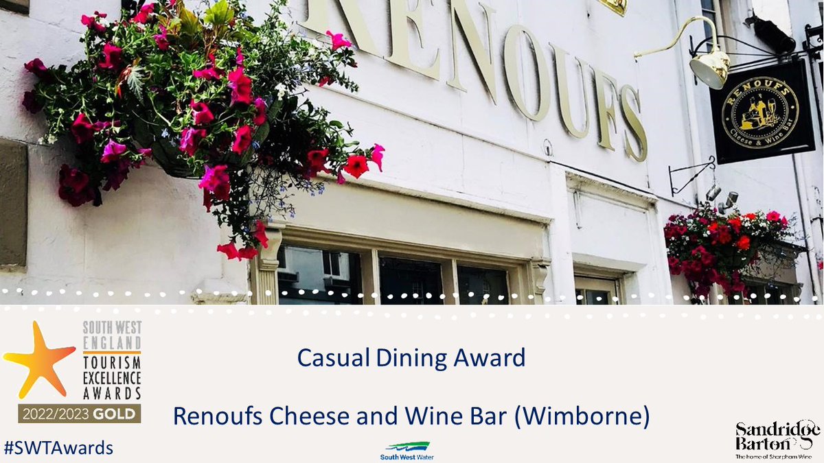 swtourismawards's tweet photo. Well done to @Sharphamwines #CasualDining Gold award winners its @RenoufsWineBar in #Wimborne #SWTAwards https://t.co/VIar5PLhVV