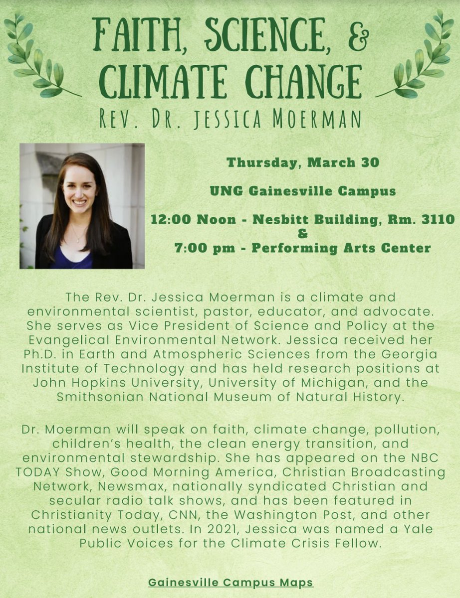 Live near Gainesville, Georgia? Check out this Faith, Science and Climate Change Conversation next Thursday, March 30 hosted by @uofnorthgeorgia with special guest @jessica_moerman of @CreationCare!