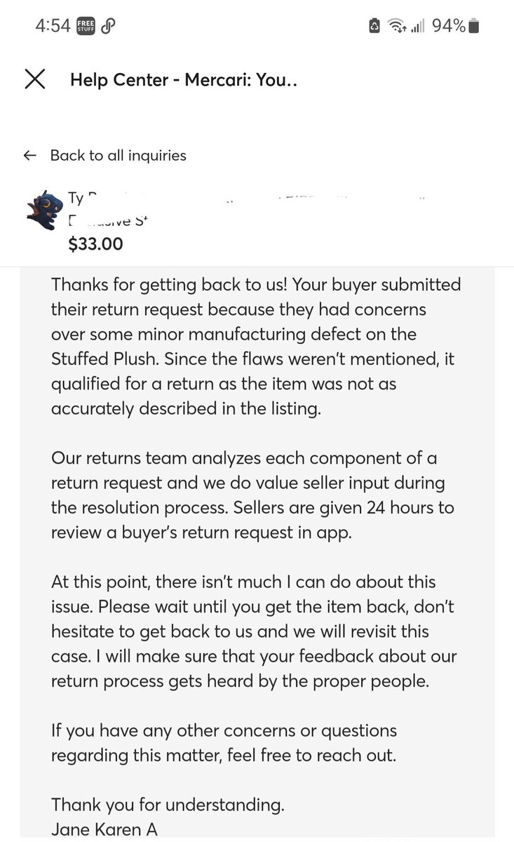 NoViMomma's tweet photo. @mercari_app Terrible seller protection! Buyer clearly stated she didn't want purchase cause she found one cheaper. Then she made up a "factory defect" and was automatically approved for a refund. W/raised shipping/seller fees, you're starting to be an eBay jr (with less profit) https://t.co/DnJb2WWSJi