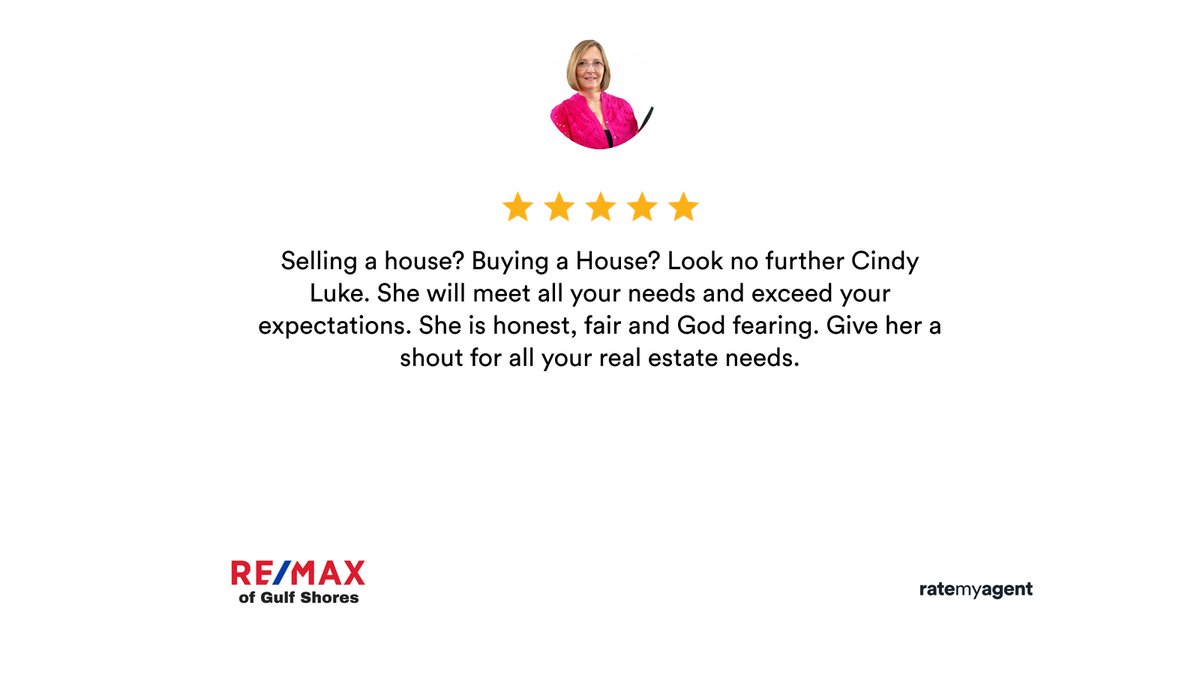 CindyLukeRealt1's tweet photo. My latest review 

https://t.co/YUoa3ISVc7

...
#ratemyagent #realestate #REMAX_of_Gulf_Shores https://t.co/BqaiymamoS
