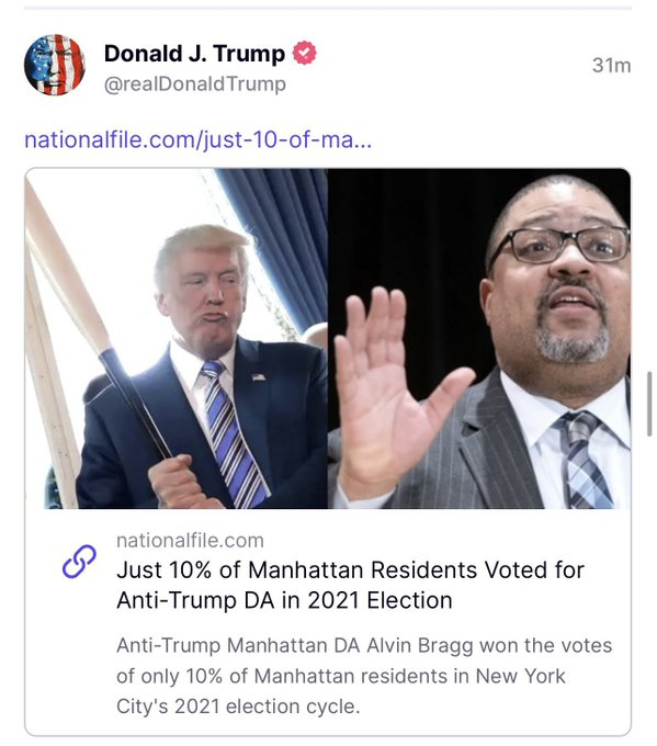 HOLY SHIT, I knew trump was unhinged, but he posted a picture of him with a baseball bat next to the picture of Manhattan DA Alvin Bragg???? This is straight up threat of violence. Innocent, law-abiding folks don't do that. ARREST HIM ALREADY.