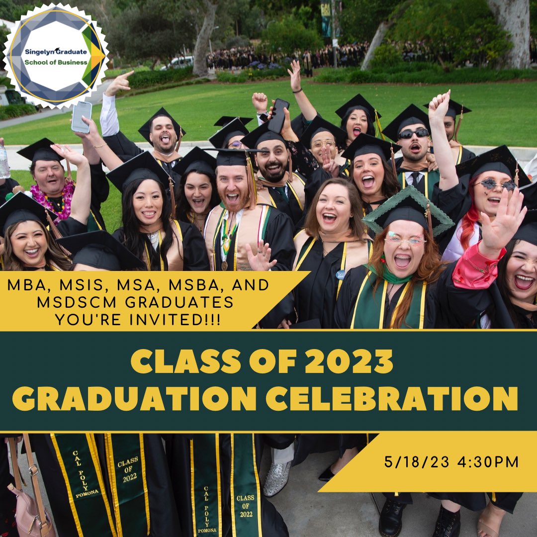 CPPSingelyn's tweet image. 🎓Attention Singelyn Graduate School of Business grads! 🎉Join our exclusive 2023 graduation party to celebrate your achievements. 
🗓️Save the date: May 18th, 5:30-7:30 pm at Kellogg House. RSVP with CPP email. Dress code: business casual. Link in bio!
 #cppsingelyn #cppgrad