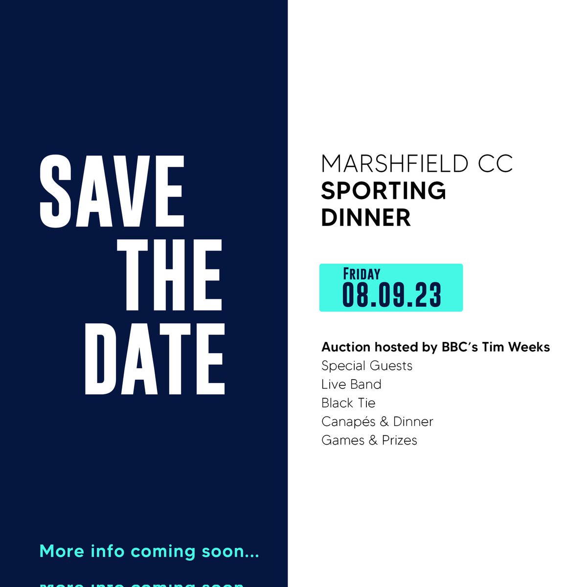 Marshfield_CC's tweet photo. A HUGE date for your social calendar!

On Friday the 8th of September MCC will be hosting a sporting dinner featuring special guests, a live band, food, drink, and an auction hosted by BBC's Tim Weeks! 

Keep your eyes peeled for updates and ticket information!! https://t.co/CnHx7VRGTH