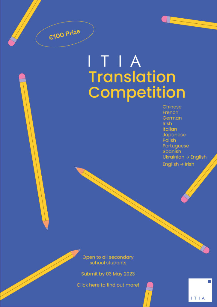 _marocca's tweet photo. It's here! The ITIA Translation Competition 2023 is up and running.
If you are (or know) a secondary student in Ireland (or the equivalent in homeschool), this is your chance to try your hand at translating!
Visit https://t.co/TwWO27q295 for more details :)
@itia_ireland https://t.co/9kCXYQmjqs
