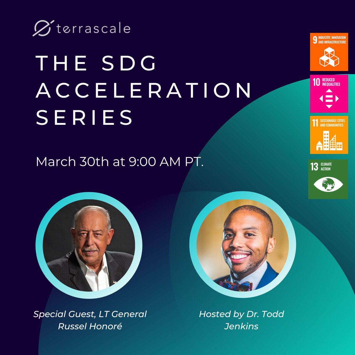 Sign up for the SDG Acceleration Series Webinar on March 30th at 9am PT! <a href="/BowtieTodd/">Dr. Todd Jenkins</a>  will lead a Q&amp;A with <a href="/ltgrusselhonore/">Russel L. Honore'</a> - decorated 37-year army veteran &amp; expert on climate change &amp; disaster preparedness. 🌎 

bit.ly/3lClZkt

#climatechange #environment #unsdgs