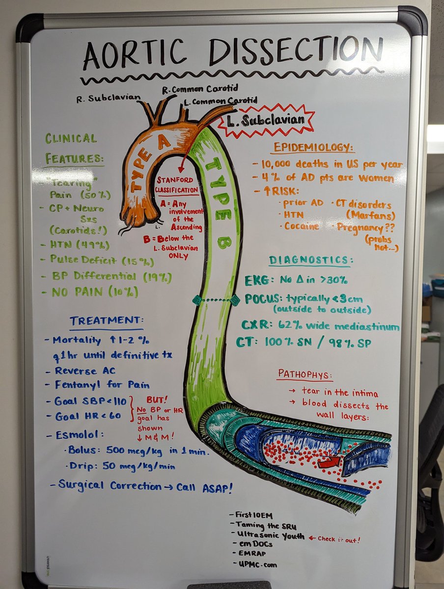 Emedwebb's tweet image. New whiteboard, care of Tess, soon to be PGY3 and chief!  She's an artist #emra #emergencymedicine #aorticdissection #MedTwitter