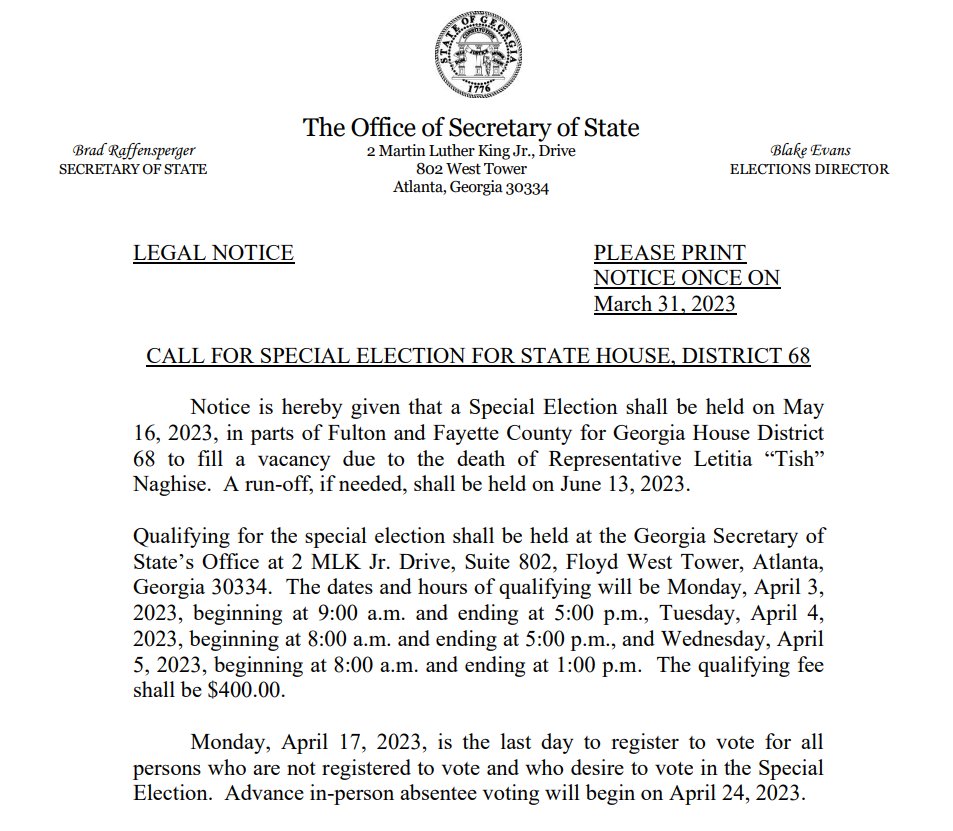 The Passing Of Georgia State Representative Tish Naghise

Governor Brian Kemp orders flags on state grounds to fly at half-staff this Saturday, the day of her funeral.

Separately, a May 16th special election has been called to fill her House District 68 seat. #gapol