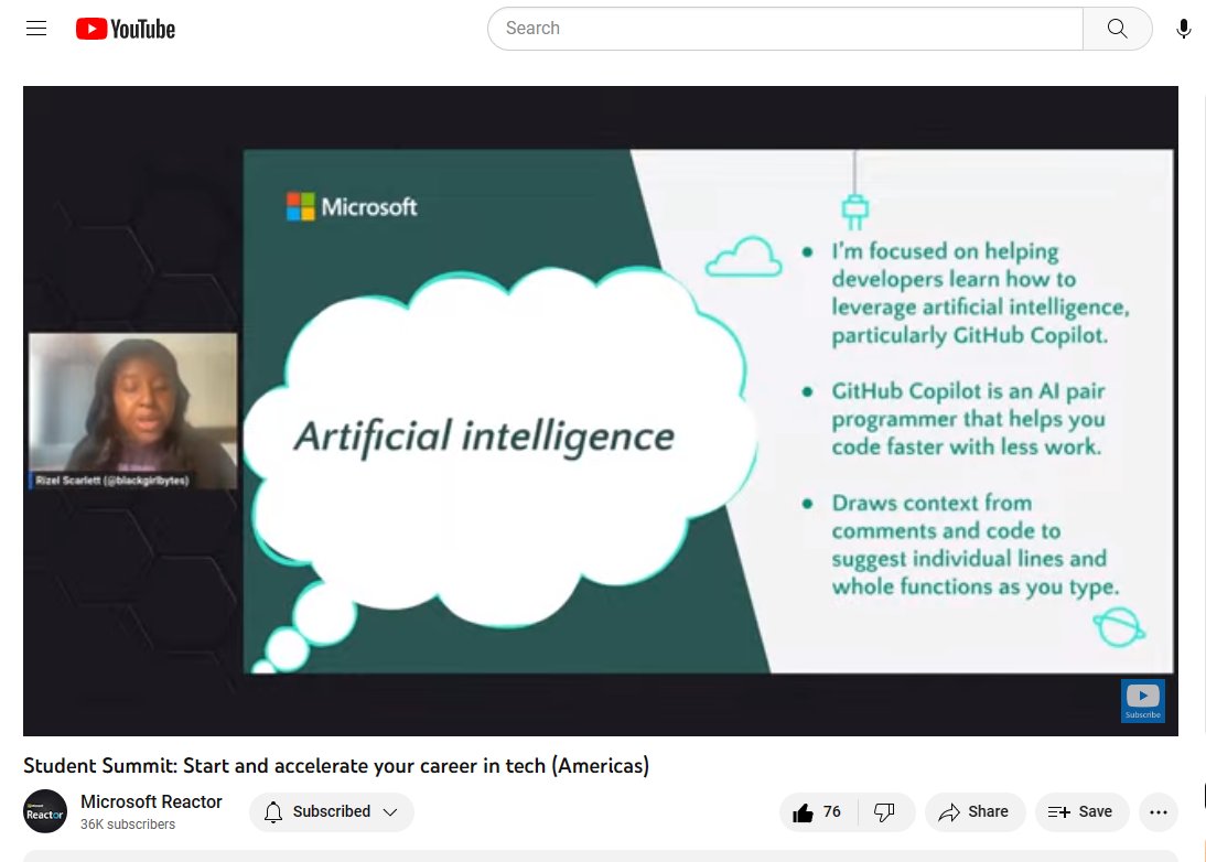 SO excited to have <a href="/blackgirlbytes/">Rizèl Scarlett 🇦🇬🇬🇾</a> part of #MSFTStudentSummit sharing all she does w/ #artificialintellegence +#GitHubCopilot! 

❤️that she learns out in the open streaming on #Twitch, always pushing herself out of her comfort zone, inspiring to so many!

youtube.com/live/8BReQIhQz…