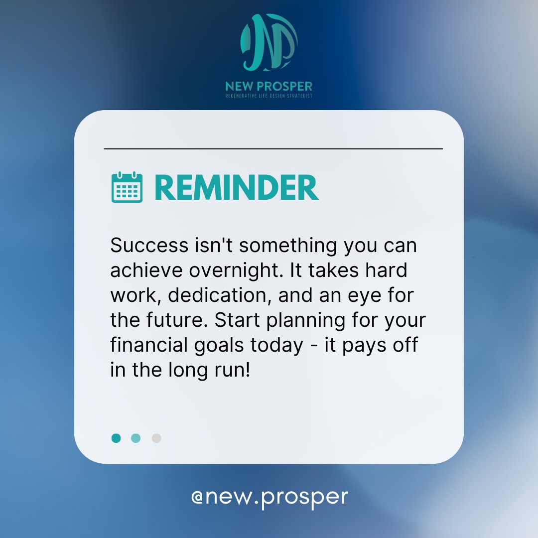 Mike Wird (@mikewirdthe33rd) on Twitter photo Success isn't something you can achieve overnight. It takes hard work, dedication, and an eye for the future. Start planning for your financial goals today - it pays off in the long run! ๐ช
Follow: <a href="/new/">Matthew Sanders</a>.prosper
#Reminder #financialsuccess #moneygoals #dedication #newprosper Success isn't something you can achieve overnight. It takes hard work, dedication, and an eye for the future. Start planning for your financial goals today - it pays off in the long run! ๐ช
Follow: <a href="/new/">Matthew Sanders</a>.prosper
#Reminder #financialsuccess #moneygoals #dedication #newprosper