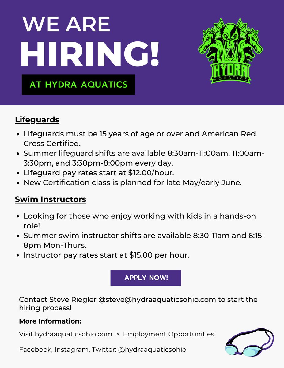 Want to get ahead of the job search for summer? Are you interested in becoming a lifeguard or swim lesson instructor? Swipe or check out our website for more information and to apply at Hydra! Link to our website in bio.

#summerjobs #centralohio #lifeguard #swiminstructor