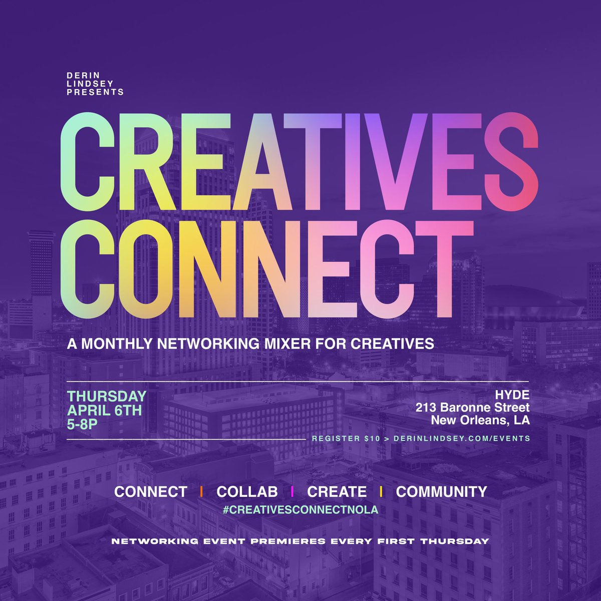 WE’RE BACKKKKK! The next #CreativesConnectNOLA premieres Thursday, April 6th

CREATIVES CONNECT is a monthly networking mixer designed for creatives and entrepreneurs to establish Connections and Community