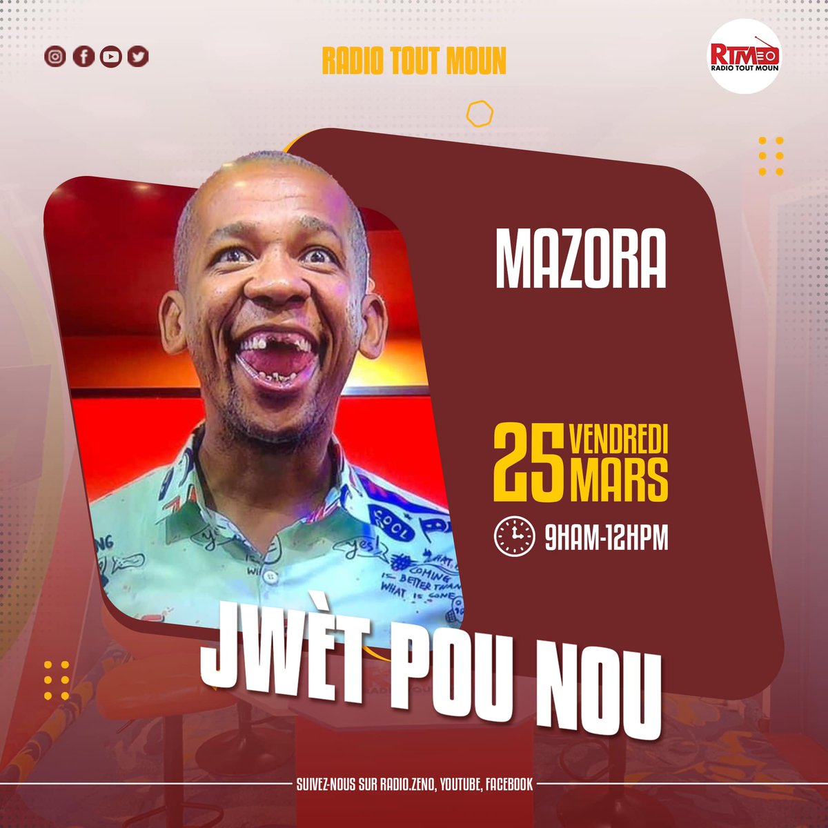 radiotoutmoun's tweet photo. Demain Mazora sera notre invité à l'émission jwèt pou nou sur la rtm https://t.co/EHOJ62qpbT