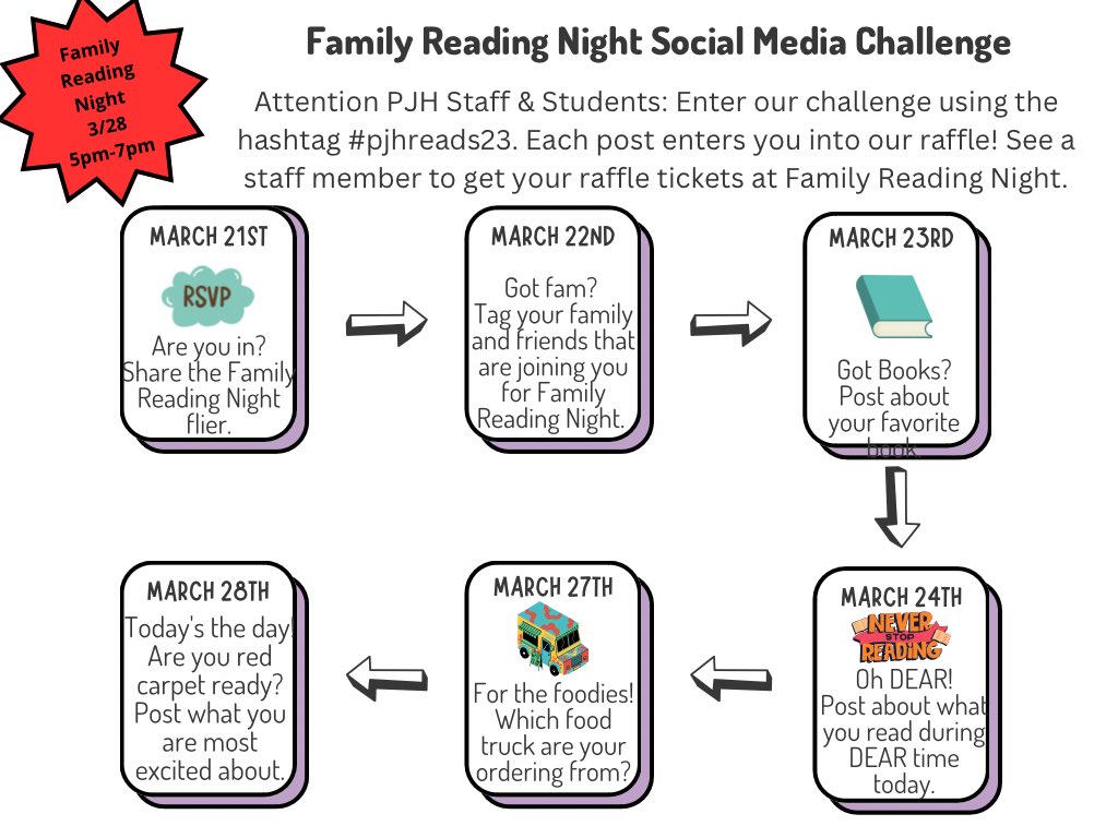 Parker students and staff, join our Family Reading Night Social Media Challenge. Post using the hashtag #pjhreads23 to earn raffle tickets! 📚📖🎬🍿#D161Learns <a href="/D161Supe/">Dr. Smith</a>