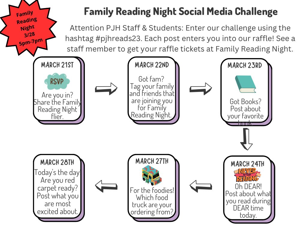 Parker students and staff, join our Family Reading Night Social Media Challenge. Post using the hashtag #pjhreads23 to earn raffle tickets! 📚📖🎬🍿#D161Learns @D161Supe