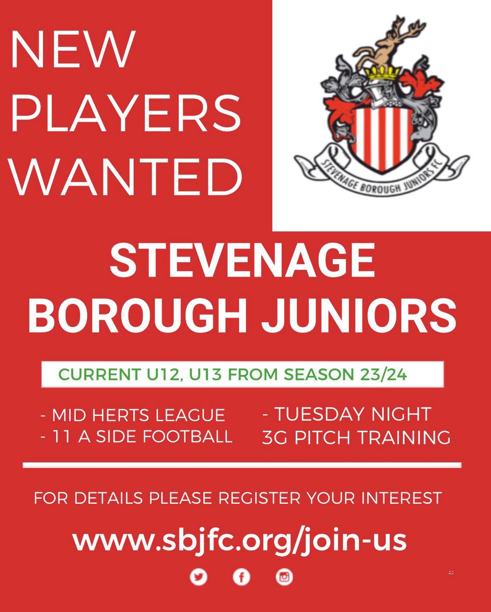 Do you want to join one of the biggest clubs in Stevenage? Our U12’s (U13’s next season) are moving from 9 a side to 11 a side and will need more players… get in touch if you would like to join us!! #wearestevenageborojuniors
