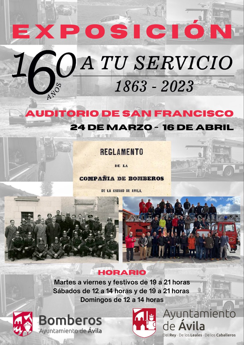 Mañana viernes 24, en el Auditorio de San Francisco #Avila, se inaugura la exposición "160 AÑOS A TU SERVICIO" donde podréis ver fotos de todos estos años además de algún material y trajes de intervención de diferentes épocas.

Os esperamos!