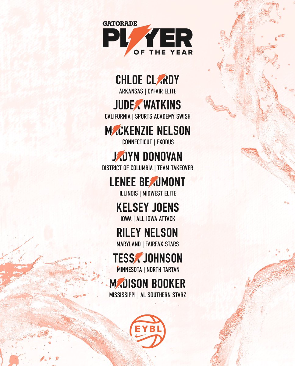 NikeGirlsEYBL's tweet photo. Congratulations to our @gatorade State Girls Basketball Players of the Year. ⚡️ 

#GatoradePOY | #GatoradePartner https://t.co/BTn4HQ51pn