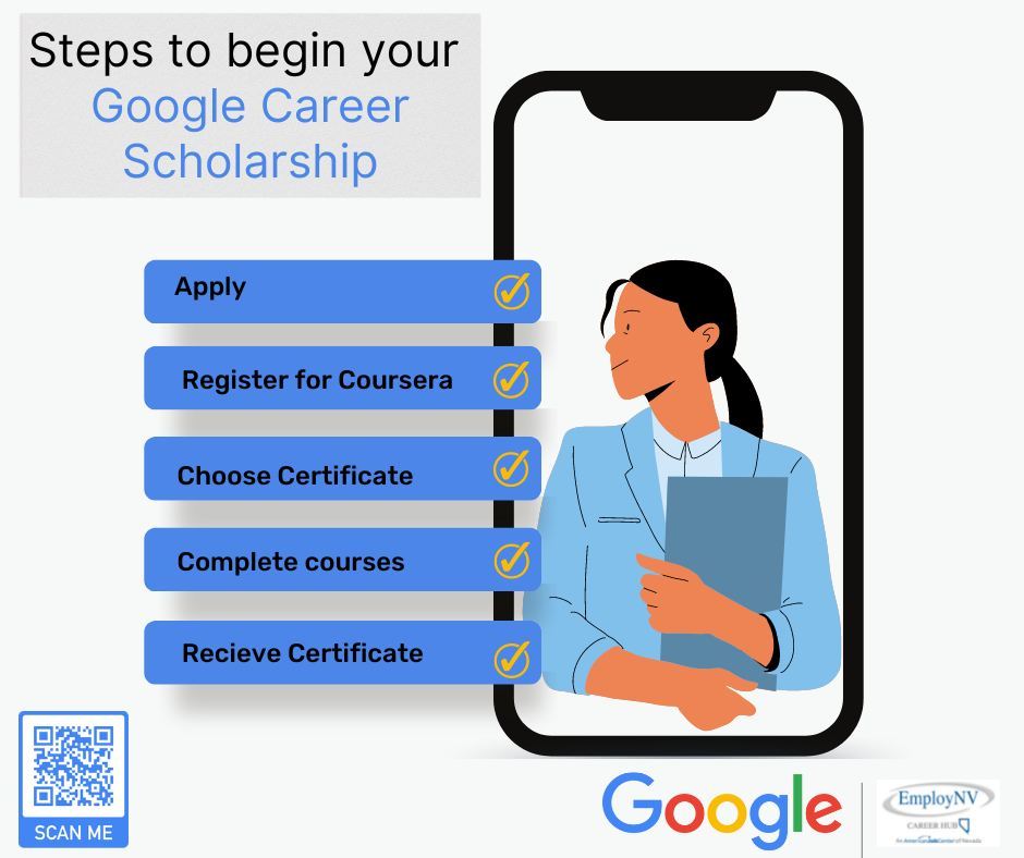 New scholarships for the Google Career Certificate program are here! 

This self-paced program is designed to prepare you for in-demand jobs, no college degree or relevant experience required. 

Learn more:  nvcareercenter.org/growwithgoogle 

#GrowWithGoogle