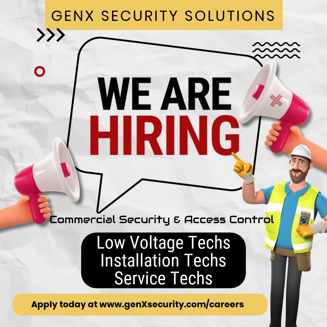 Apply today! 

genxsecurity.com/careers

Or email resume to blythe@genxsecurity.com 

#yeahTHATgreenville #lowvoltagetechnician #securitytechnician #accesscontrol #greenvillejobsearch #greenvillejobs #piedmontcompanies #piedmontjobs