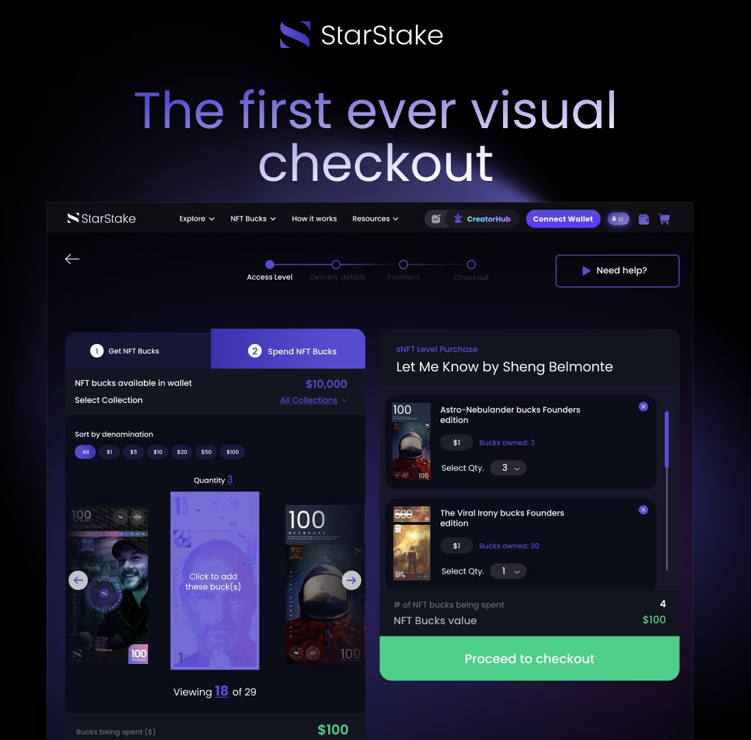 star_stake's tweet photo. 🛍️ Witness history in the making! 📣 Experience the first-ever visual checkout using #NFT Bucks on the #StarStake platform. Get ready to shop with style and embrace the future of NFT-powered transactions! 🌐💸 #NFTBucks #VisualCheckoutRevolution https://t.co/CpcQLardLE