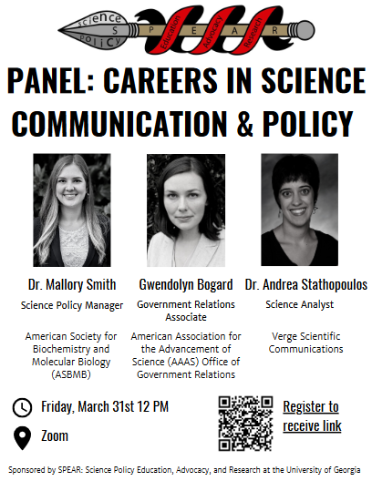 Please join us next week for a panel discussion on careers in science communication and science policy! And a huge thank you to our phenomenal guests, Dr. Mallory Smith, Gwendolyn Bogard, and Dr. Andrea Stathopoulos!