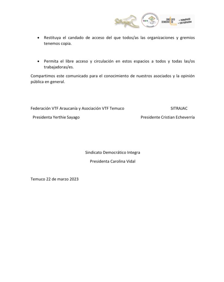 DemocraticoI's tweet photo. Socias y socios del país, compartimos con Uds. este comunicado donde se explica la situación vivida desde noviembre 2022 en relación a nuestra Oficina Sindical ubicada en calle Portales #667, Temuco, Chile. Espacio al que desde enero 2023 hasta hoy no hemos podido acceder. https://t.co/jnYMD5pfVX