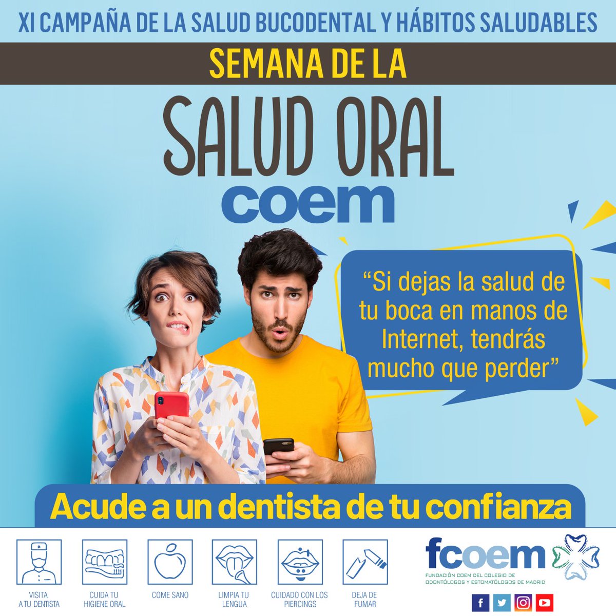 “Si dejas la salud de tu boca en manos de #internet, tendrás mucho que perder”. Con este lema el <a href="/dentistasCOEM/">COEM</a> quiere concienciar sobre los riesgos de este tipo de prácticas. Conoce más sobre la XI Campaña de la Salud Bucodental 🔗ow.ly/NM8I50NqvFp
#SemanaSaludOralCOEM