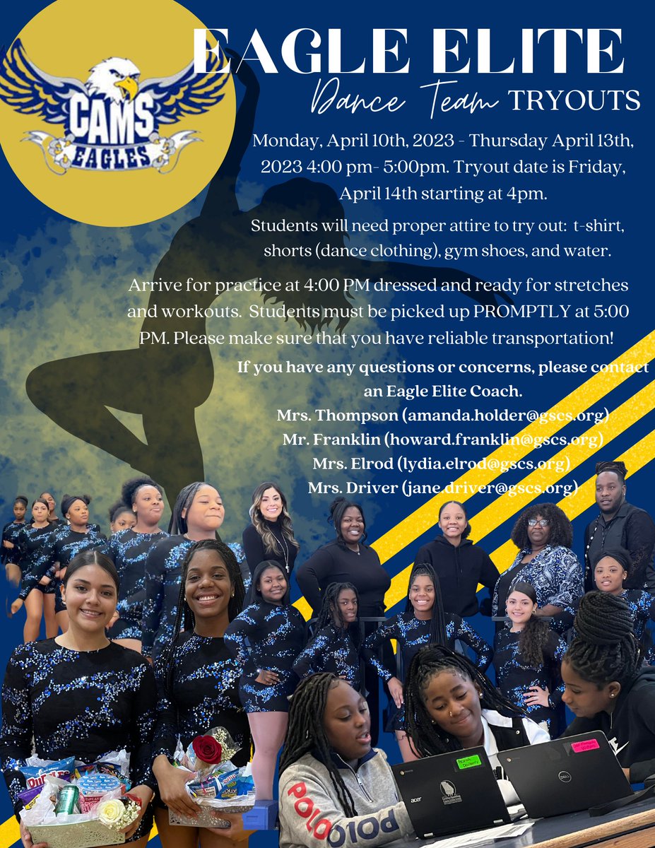 CarverRoadMS's tweet photo. Eagle Elite Dance Team Tryouts are April 10-April 13. See an Eagle Elite  Coach for more details. #2185Pride https://t.co/3rgeUddSLV