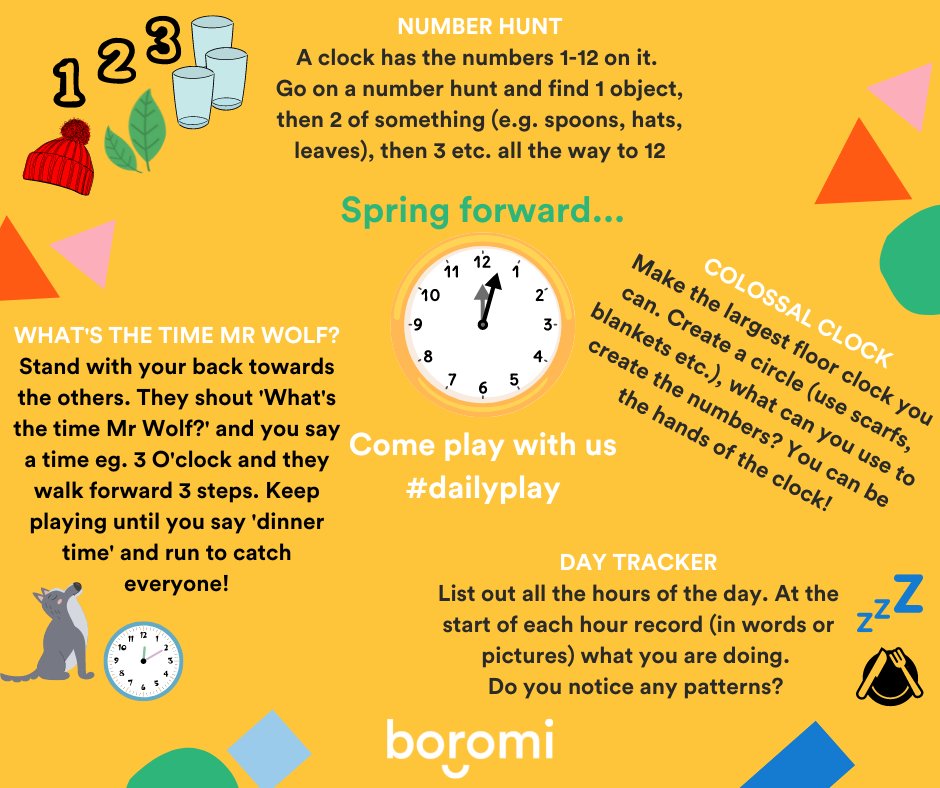 This weekend the clocks spring🐇forward one hour! What better way to help everyone remember than to mark this moment with play! Here's some #dailyplay ideas to get you and your families started. 🌟What play idea would you add? #play #earlyyears #playmatters #boromiplay
