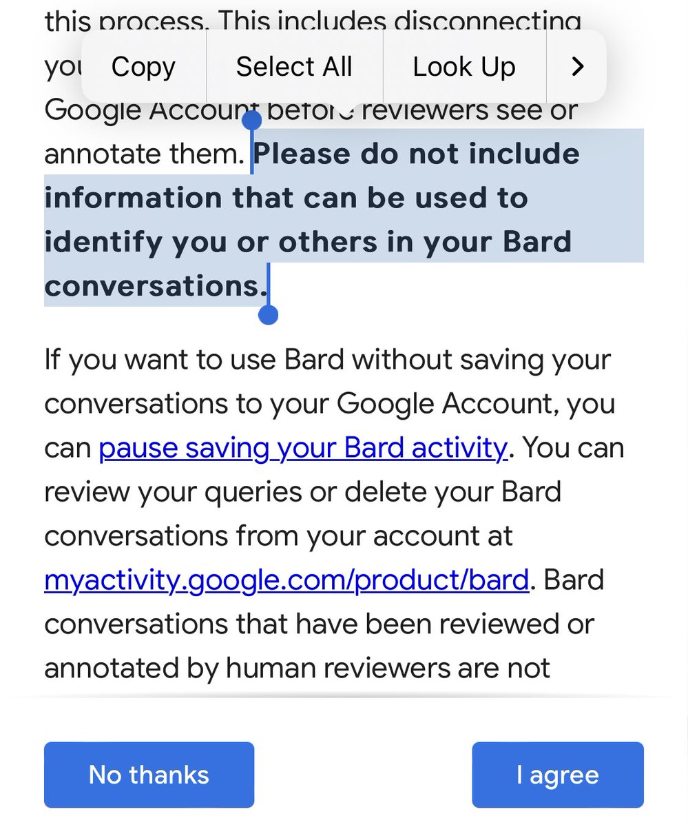 This is in a Google Bard’s ToS. 1. It seems impossible to do 2. Is it to bypass liability when making future data public? 3. I like new bing better